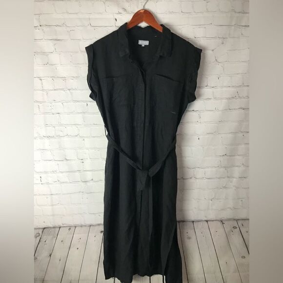 Tractr Dresses & Skirts - TRACTR Button Front Midi Dress Womens Sz L Black Rayon Blend Cap Sleeve Boho